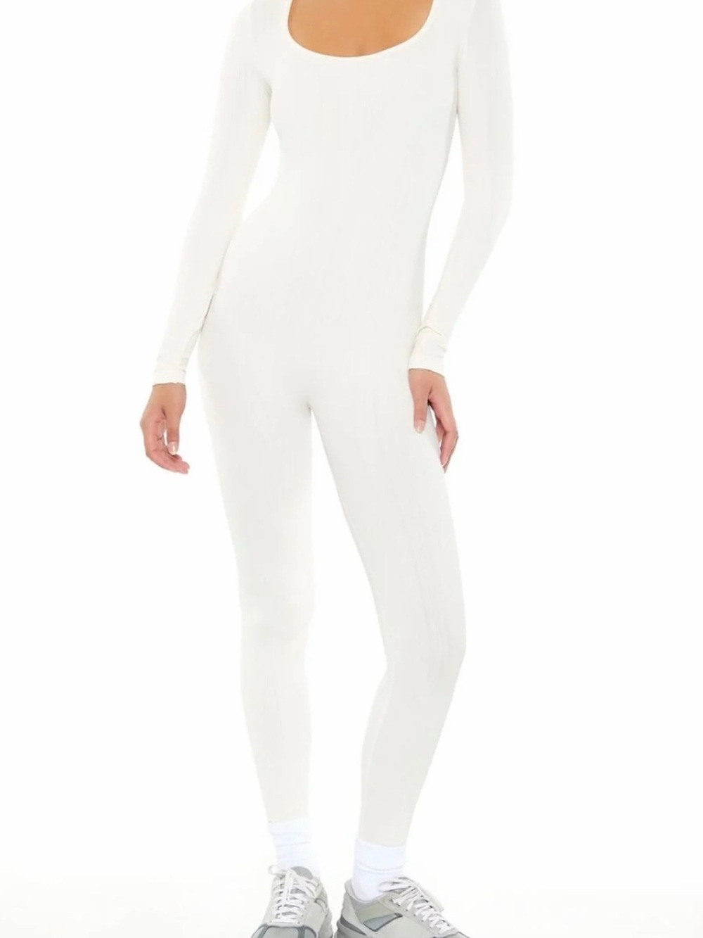Women’s Scoop Neck Long-Sleeve bodycon ribbed Jumpsuit in Ivory